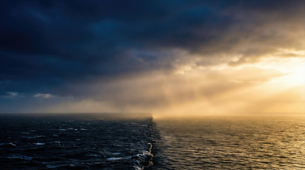 A dramatic seascape showing a division in the water, with dark clouds above and sunlight breaking through on one side, creating a contrasting atmosphere.